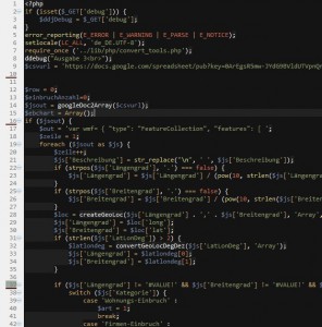 Ausschnitt aus dem PHP-Script, dass die Daten aus der Tabelle bei Google Drive weiterverarbeitet.